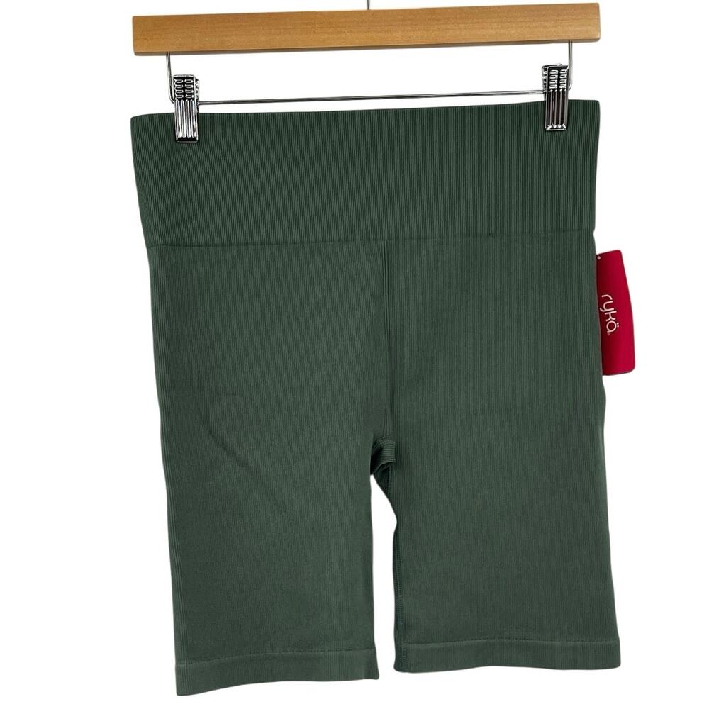 Ryka High Rise Biker Shorts Womens Large Ribbed Athletic Yoga Gym Workout Spruce